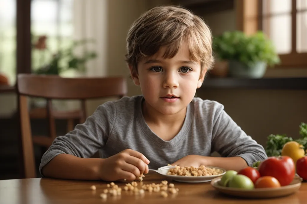 The little boy is sitting at the table and eating. He is looking at the camera with a questioning expression on his face. The table is full of healthy food. There are tomatoes, cucumbers, and a bowl of chickpeas. The boy is holding a spoon and a chickpea in his hand. He seems to be enjoying his food.