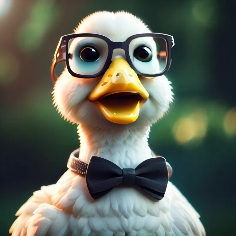 This image shows a white duck wearing a pair of black-rimmed glasses and a black bow tie. The duck is looking at the viewer with a curious expression. The background is a blurry green, which suggests that the duck is standing in a field or forest.