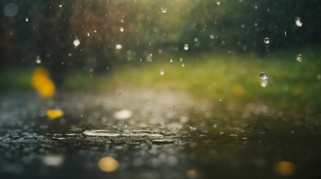 The image shows a heavy rain. The raindrops are falling on the ground and creating small puddles. The background is blurred, but it looks like there are trees and plants in the distance. The rain is falling in sheets and it looks like it is coming down very hard. The image is very calming and peaceful.