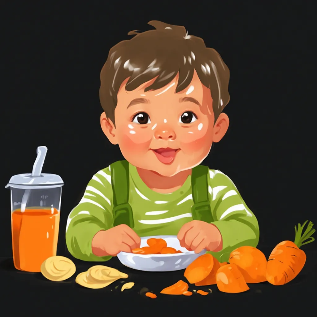 The picture shows a baby sitting on a high chair. He has a plate of carrots in front of him, and he is holding a cup of juice. The baby is smiling and looks happy. He is wearing a green and white striped shirt with overalls. The background is a solid black color.