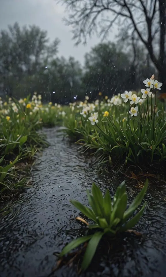 It's raining heavily outside. The rain is falling in sheets and the wind is blowing strong. The trees are swaying and the flowers are drooping. The only sound is the rain hitting the ground. It's a gloomy day, but there's something beautiful about the rain. It's like nature's way of washing away the old and making way for the new.