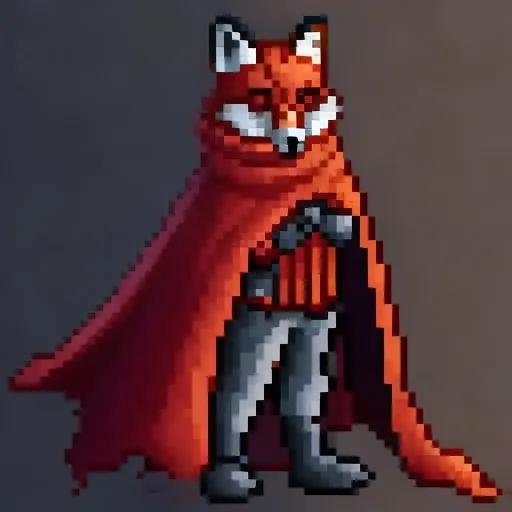 The image shows a red fox wearing a red cape. The fox is standing on two legs and has its arms crossed in front of its chest. It has a determined expression on its face and looks like it is ready for battle. The fox is surrounded by a gray background.