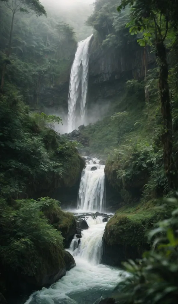 The waterfall is cascading down from a height, with a smaller waterfall to the left. The water is white and foamy, and it looks very refreshing. The waterfall is surrounded by a lush green jungle, with tall trees and dense vegetation. The air is misty and humid, and the sound of the waterfall is deafening. It is a beautiful and peaceful scene.