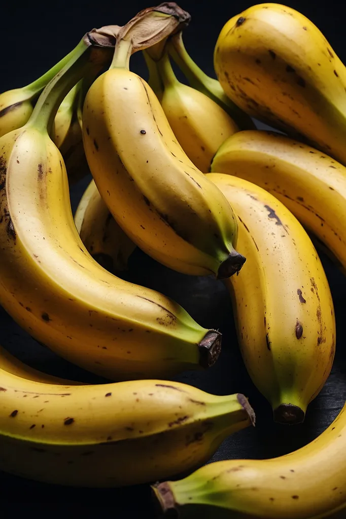 A bunch of ripe bananas against a black background. The bananas are yellow with some brown spots. The bunch is made up of about 10 bananas.