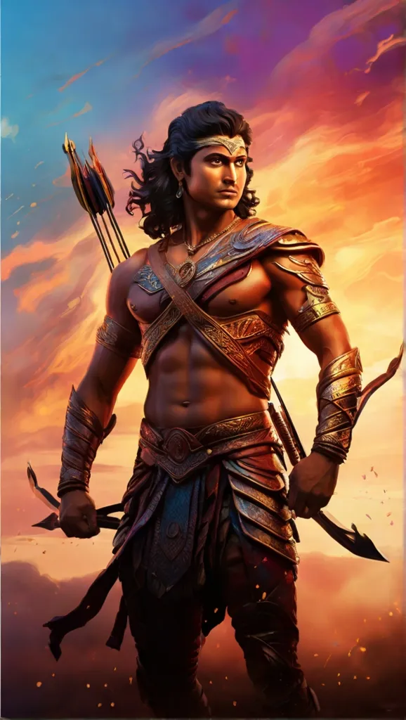 The image shows a man with a bow and arrow. He is standing in a battlefield. He is wearing a loincloth and a metal belt. He has a quiver of arrows on his back. His hair is long and flowing. He has a determined look on his face. He is ready to fight.