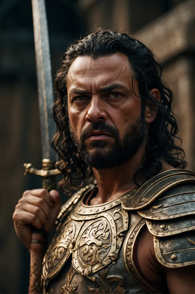 The image shows a man with long dark hair and a beard. He is wearing a metal cuirass and is holding a sword. He has a determined expression on his face and looks like he is about to engage in battle.