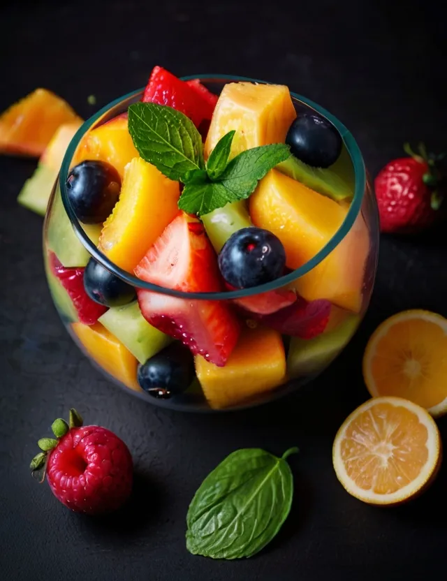 On a black background is a clear glass bowl filled with chunks of fruit. The fruit salad contains strawberries, blueberries, cantaloupe, and raspberries. There are lemon wedges and mint leaves on the table next to the bowl.