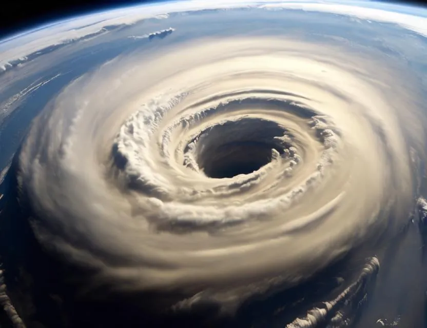 The image shows a hurricane seen from space. The hurricane is a large, rotating storm that has formed over the ocean. It is made up of clouds, water, and wind. The hurricane is spinning and has a low pressure area in the center. The eye of the hurricane is the calm, clear area in the center. The hurricane is surrounded by clouds and rain. The hurricane is a powerful storm that can cause damage to property and loss of life.