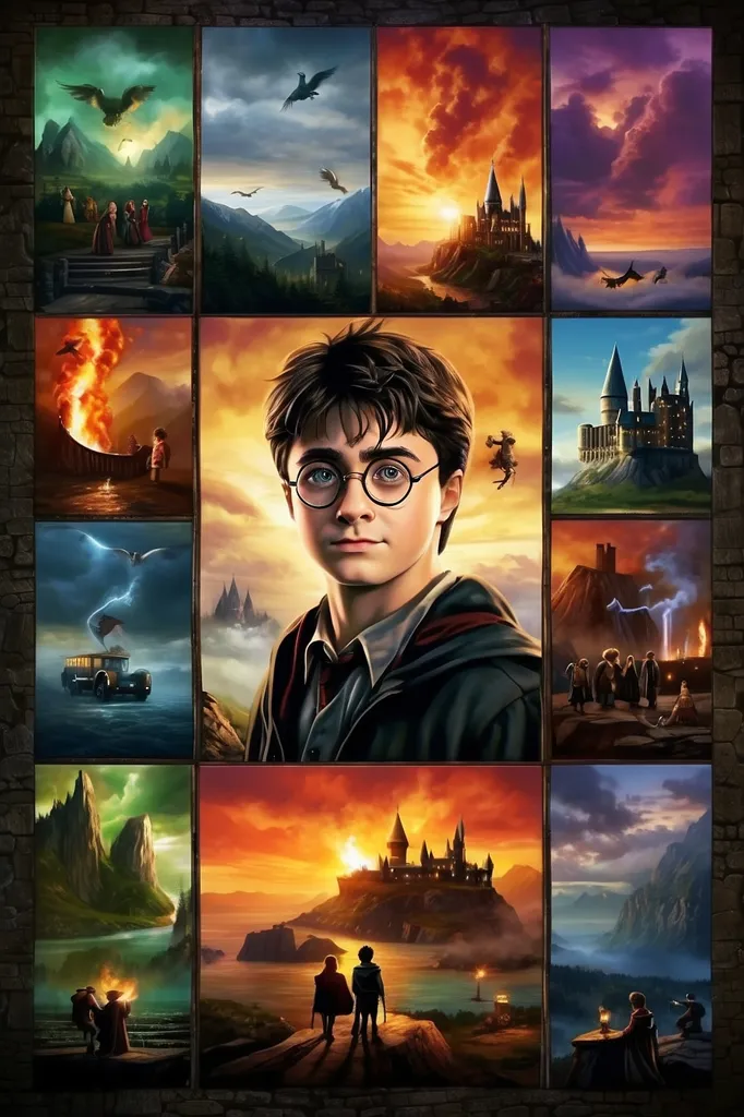 This is a photo of Harry Potter, a fictional character in a book series written by J.K. Rowling. He is a wizard and the protagonist of the series. He is depicted here with his friends Ron Weasley and Hermione Granger. The photo is set at Hogwarts School of Witchcraft and Wizardry, where Harry and his friends study magic. The photo is in a collage format, with nine different images of Harry Potter and his friends.