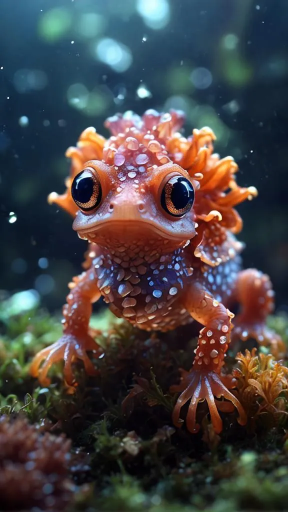 The image shows a small, orange-colored frog with a large, frilled crest on its head. The frog is sitting on a bed of moss, and it is looking at the camera with its large, black eyes. The frog's skin is covered in small, white spots, and its feet are webbed. The background of the image is blurred, and it is light blue in color.