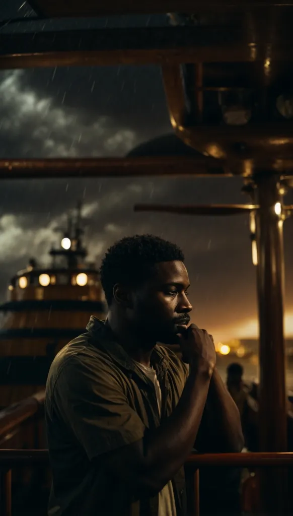 A man stands on the deck of a ship, looking out at the stormy sea. He is wearing a brown shirt and his hair is short and black. The ship is lit by a few lanterns, and the waves are crashing against the hull. The man's face is pensive and thoughtful. He seems to be lost in thought, contemplating something important.