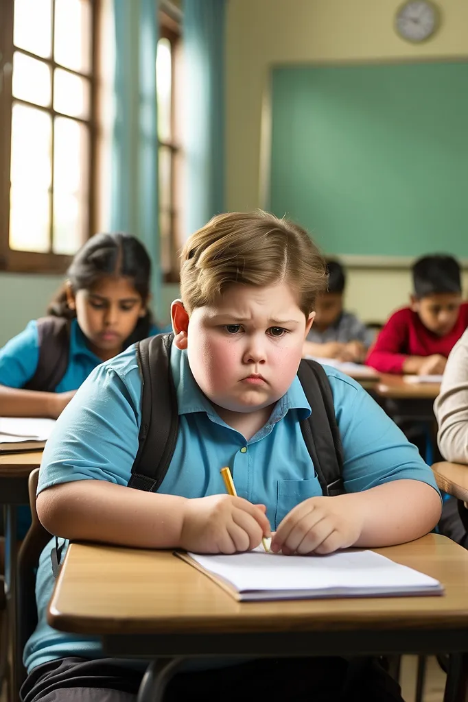 The image shows a classroom of students taking a test. The boy in the foreground is overweight and has his head down, looking at his test paper. He is wearing a blue shirt and has a pencil in his hand. The other students in the background are not as focused on the test. Some of them are looking around the room, while others are talking to each other. The teacher is not visible in the image.