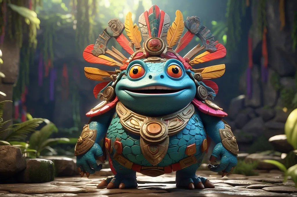 The image shows a 3D rendering of a cartoon frog wearing a feathered headdress and golden armor. The frog is standing in a lush jungle setting, surrounded by green plants and flowers. The frog has a big smile on its face and is looking at the viewer. The image is brightly colored and has a cartoonish style.