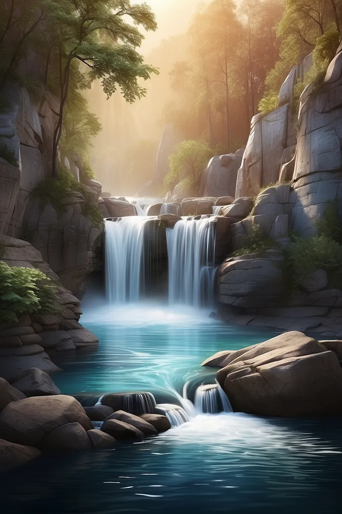 The waterfall is located in a valley. The rocks are very tall and steep. The water is falling from a great height. The waterfall is very wide. The water is white and foamy. The waterfall is surrounded by trees. The trees are tall and green. The waterfall is in a very beautiful place.