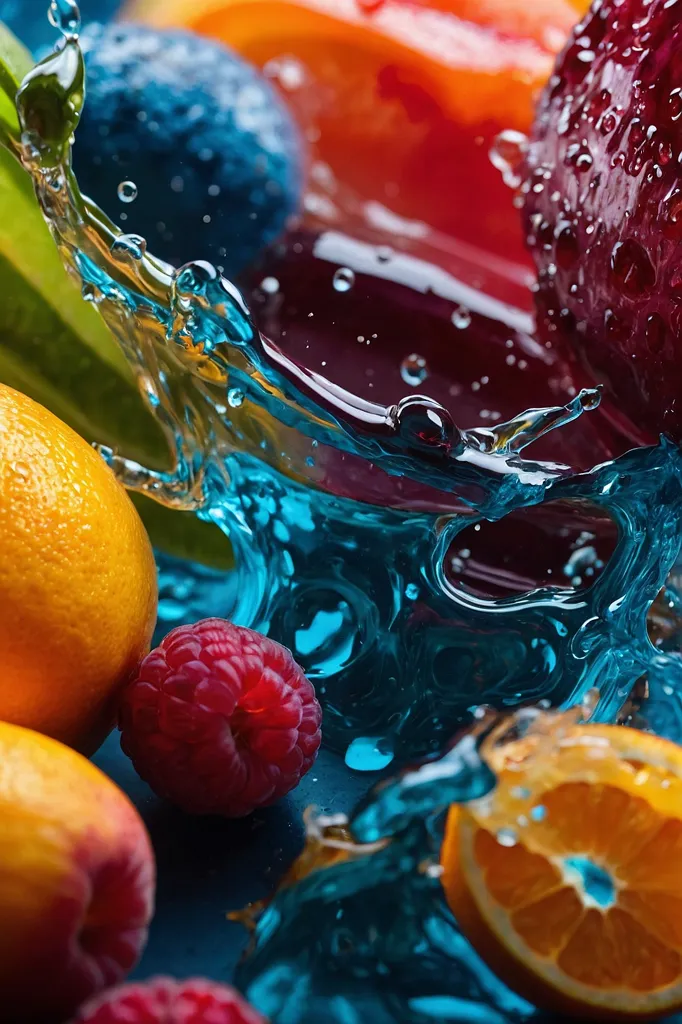 A variety of fruits are arranged together on a blue surface. There are raspberries, blueberries, strawberries, oranges, and peaches. Water is splashed around the fruit, droplets cling to the surface of the fruit.