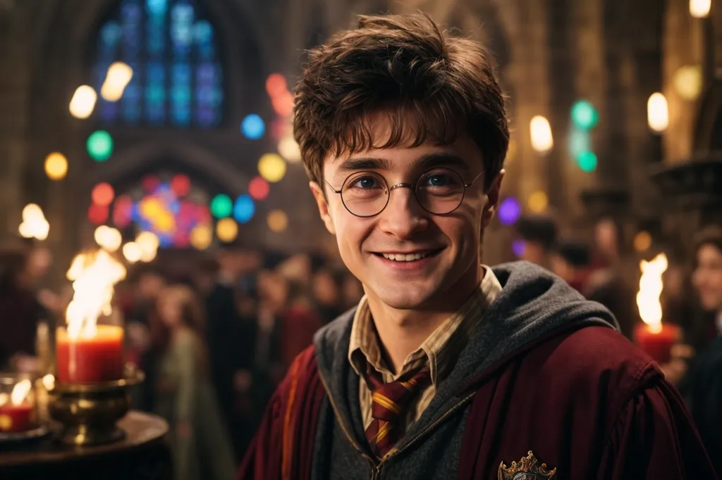 This is a picture of Harry Potter, a fictional character in a series of fantasy novels written by J. K. Rowling. He is a young wizard who attends Hogwarts School of Witchcraft and Wizardry. In this photo, he is wearing his school uniform and smiling at the camera. He has messy brown hair and green eyes, and he is wearing glasses. The background of the photo is blurry, but it looks like there are other people in the room with him.