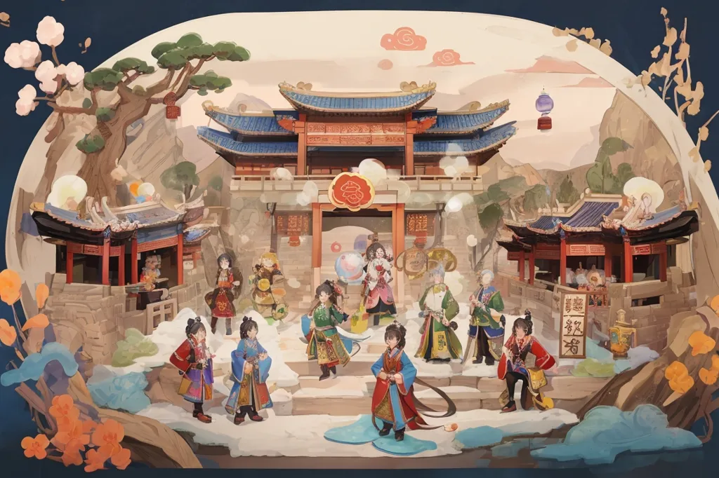 The image is in a traditional Chinese style. The painting depicts a lively scene of a bustling market with people dressed in traditional Chinese clothing. There are a variety of stalls selling different goods. The market is decorated with colorful lanterns and banners. The people in the painting are engaged in various activities, such as buying and selling goods, eating and drinking, and socializing. The painting is done in a realistic style and captures the hustle and bustle of a traditional Chinese market.