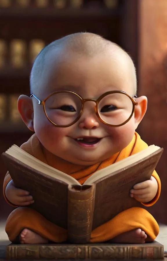 The image shows a cute baby wearing a monk's robe and glasses. He is sitting on a stack of books and reading a book. The baby has a happy expression on his face. He is surrounded by books. The background is blurry, but it looks like there is a library in the background.