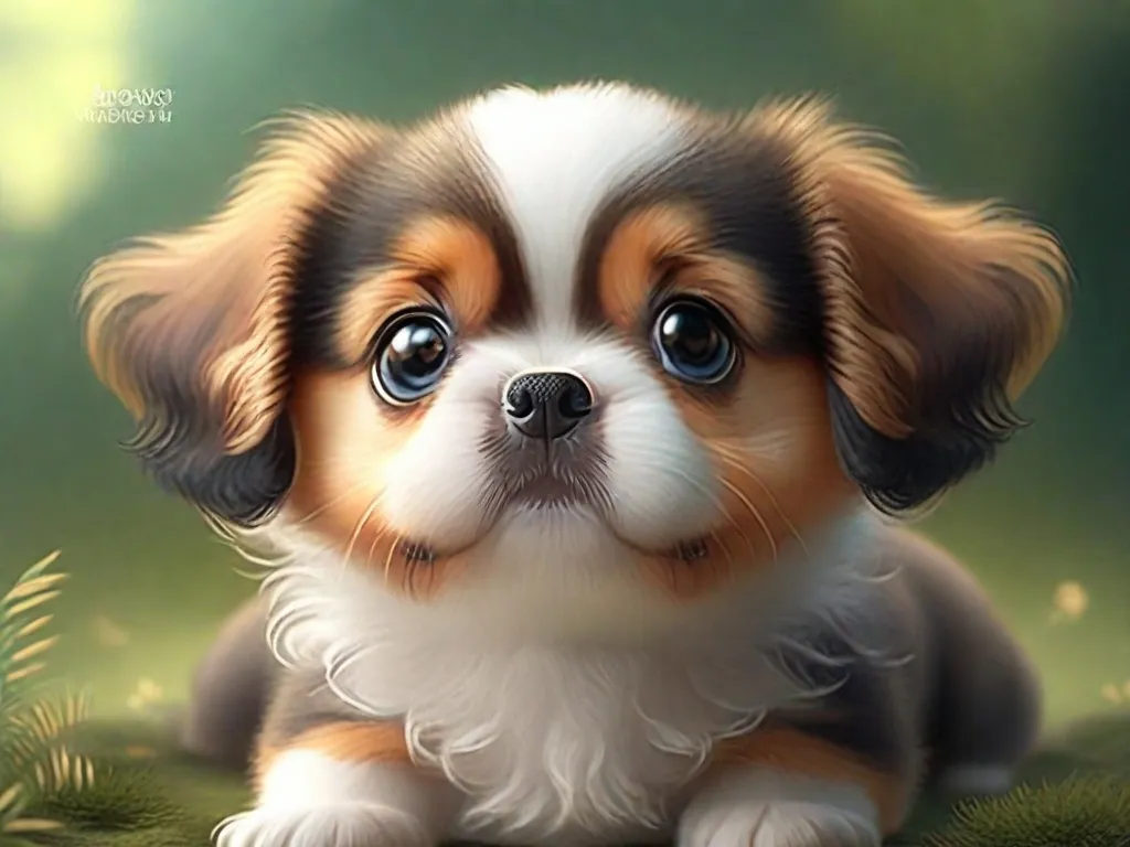 This is a picture of a puppy. It has big, round eyes and a tiny, black nose. Its fur is white, brown, and black. It is looking up at the camera with a curious expression on its face. The puppy is sitting on a bed of soft grass. The background is a blur of green. The puppy is very cute and cuddly.