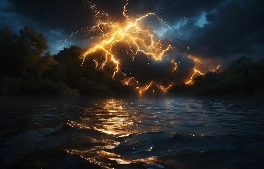 A raging storm is depicted in the picture. The sky is dark and filled with lightning. The water is choppy and reflects the light of the lightning. The trees in the background are silhouetted against the sky. The storm is in full force and it is a dangerous time to be out on the water.