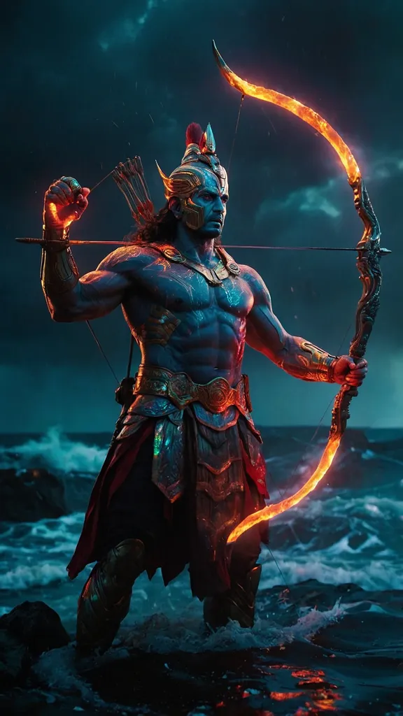 The picture shows a man with a bow and arrow. He is standing on a rock in the middle of the ocean. The man is wearing a loincloth and has a quiver of arrows on his back. He is also wearing a necklace and a bracelet. The man's hair is long and flowing. He has a determined look on his face. The background of the picture is a dark sky with storm clouds. The water is rough and choppy.  The man is likely a warrior or a hunter. He is ready to fire his arrow at his target.