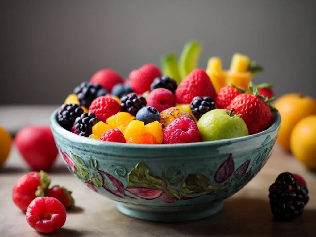 A bowl of fresh fruit. The bowl is mostly filled with strawberries, blueberries, and blackberries. There are also some raspberries and yellow pineapple chunks. The fruit is arranged in a colorful and appealing way. The bowl is sitting on a table. There are some other fruits on the table, including a sliced orange and a pear.