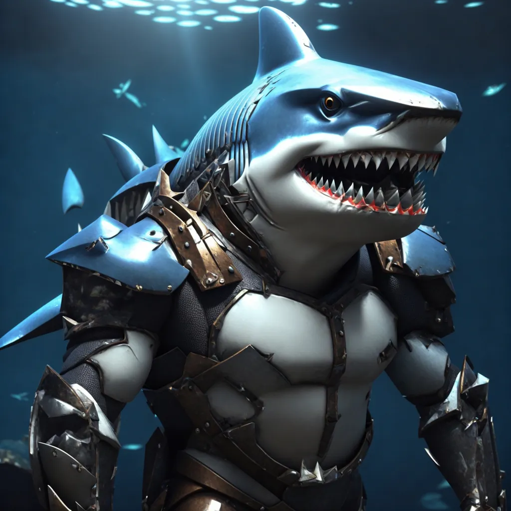 The image shows a shark wearing armor. The shark is blue and white, and the armor is gray and brown. The shark has its mouth open and is showing its teeth. It is also surrounded by a lot of fish.