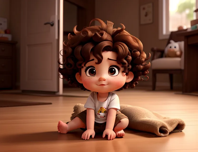 The image shows a cute baby with curly brown hair and big brown eyes. The baby is sitting on the floor in a house. The baby is wearing a white shirt and brown shorts. The baby has a small smile on its face.