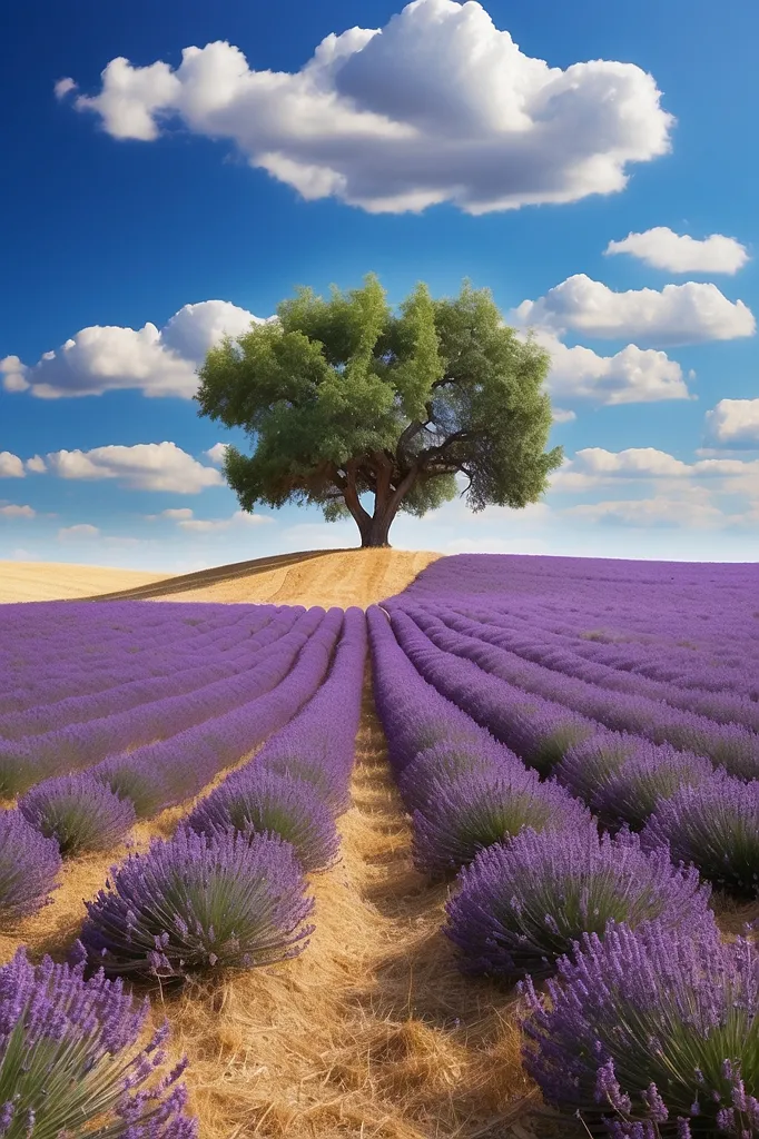 In the middle of a vast lavender field, a large tree stands tall and proud. Its branches are full of green leaves, and its roots are firmly planted in the ground. The lavender flowers are in full bloom, and their purple color stretches as far as the eye can see. The sky is a clear blue, and the sun is shining brightly. The air is filled with the sweet scent of lavender.