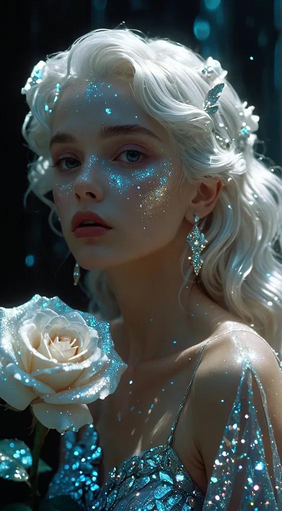 masterpiece, best quality, (Anime:1.4), silver enchantress, white rose fairy, royal, ancient beauty, high-definition, high-end fashion, ambiguous atmosphere, woman, blonde hair, blue rose, luminous, dreamlike, crystals, white, beige, cute, dreamy, chinapunk, romantic, cinematic lighting, chiaroscuro, medium shot, hyperrealism, Hollywood style, detailed expression, rich details, 1950s comic book style, storytelling, contrast, characteristic linework, animated GIFs, hyperbolic photorealism, blue, silver, heistcore, strip painting, detailed depiction, delicate face, costume details, HD 16K resolution