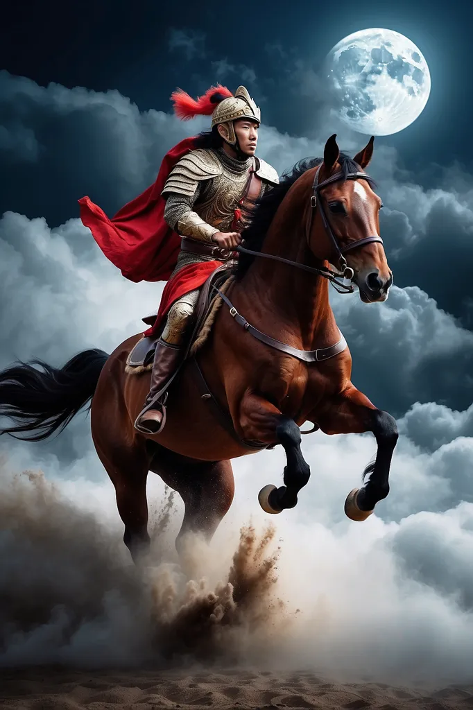 A warrior is riding a horse. He is wearing a helmet and a red cape. The horse is brown and has a long mane. The warrior is holding a sword. There is a full moon in the background.