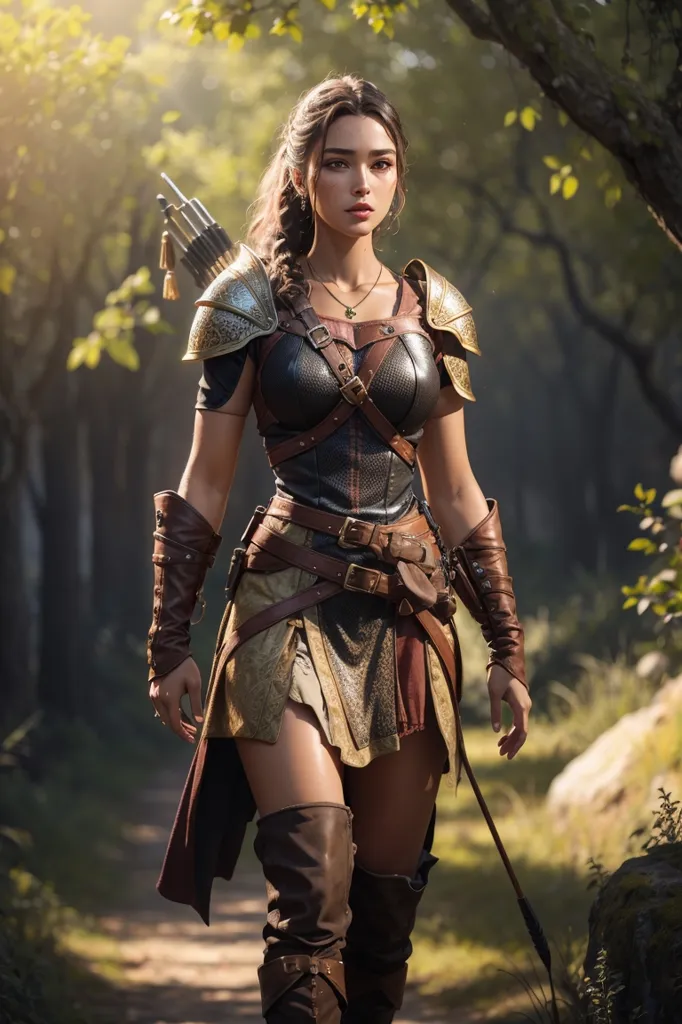 The image is of a female warrior in a forest. She is wearing a leather jerkin and a metal breastplate. She has a quiver of arrows on her back and a bow in her hand. She is looking to the side, her face is stern and determined. The background is a forest, with trees and sunlight filtering through the leaves.