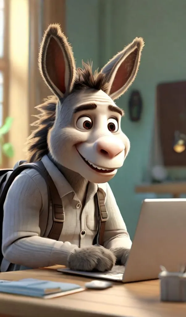 The image shows a cartoon donkey sitting at a desk and working on a laptop. The donkey is wearing a white shirt and a brown backpack. He has a big smile on his face. There is an open book and a pencil on the desk. The donkey is probably a student or a teacher. He seems to be very happy and excited about his work.