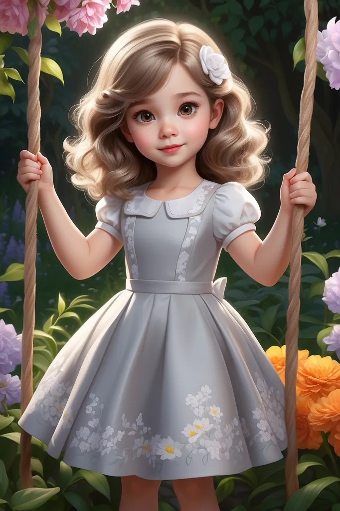 The little girl is wearing a white dress with a gray sash. Her hair is blond and she has brown eyes. She is standing in a garden and there are flowers all around her. She is holding onto two ropes and there are white flowers in her hair. She has a sweet smile on her face.