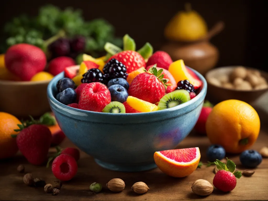 A bowl of fresh fruit sits on a wooden table. The bowl is filled with strawberries, blueberries, blackberries, and raspberries. There are also slices of orange and kiwi. The fruit is arranged in a colorful and appealing way. There are other fruits on the table around the bowl including a lemon, more strawberries, and a blood orange.