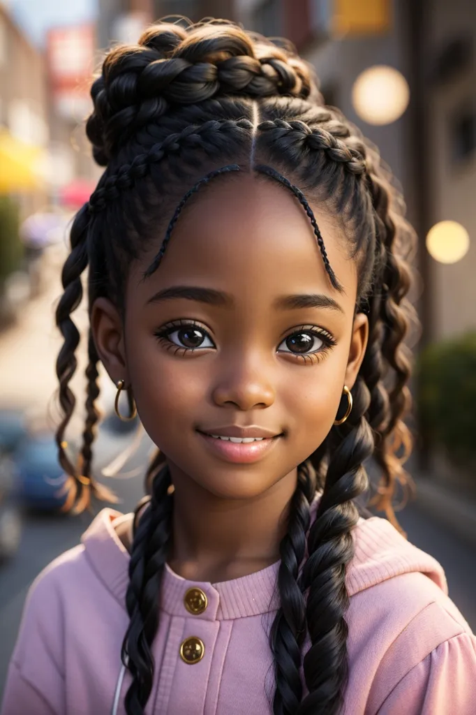 The little girl is very cute. She has big brown eyes and long black hair. Her hair is styled in two buns on top of her head. She is wearing a pink shirt. She has a friendly smile on her face. She looks like she is about 8 years old.