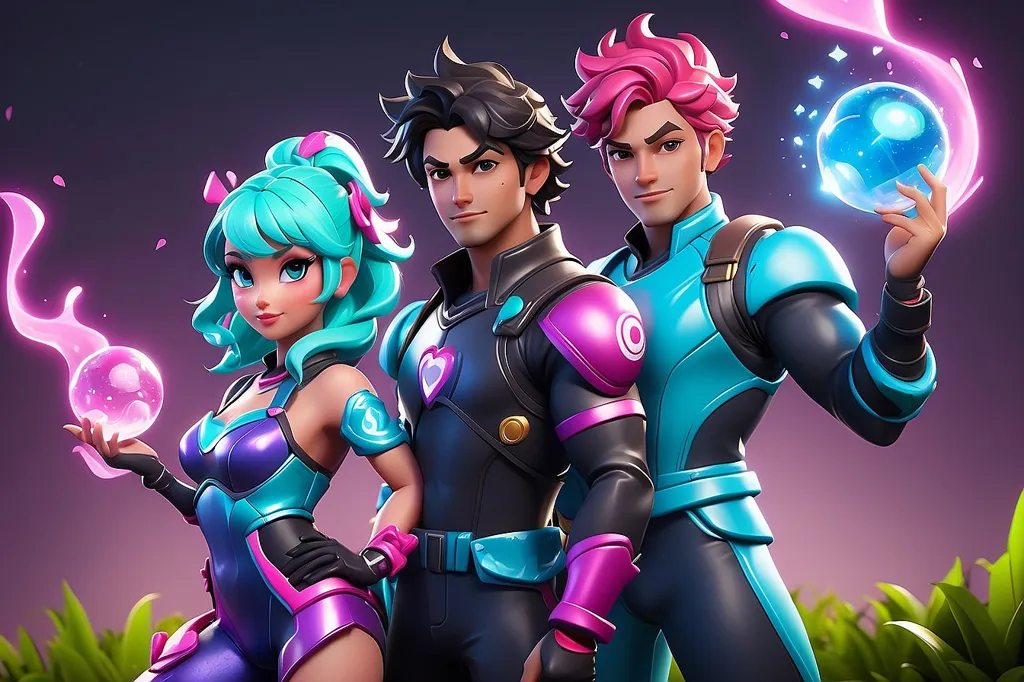 The image shows three characters from the game "Omega Strikers". There is a man with brown hair, a man with pink hair, and a woman with blue hair. The man with brown hair is wearing a blue and black outfit, the man with pink hair is wearing a blue and white outfit, and the woman with blue hair is wearing a pink and black outfit. All three characters are in different poses and have different facial expressions. The background is a dark blue color with some light blue and white shapes.