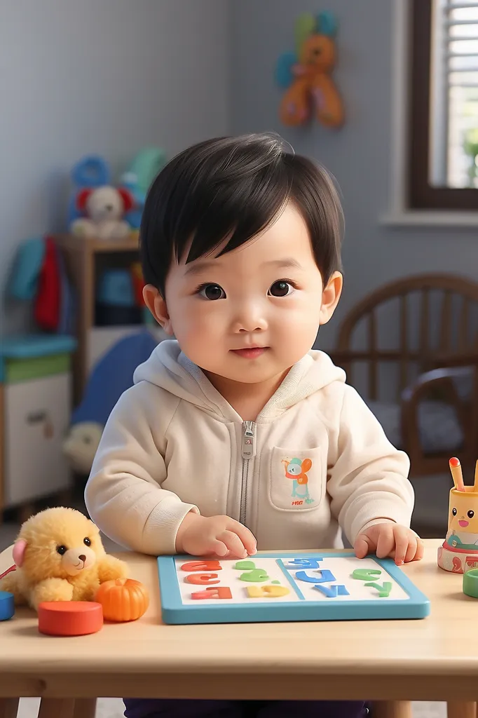 The image shows an adorable baby boy sitting at a table and playing with a puzzle. He has dark hair and big brown eyes, and he is wearing a white and gray outfit. The table is covered with toys, including a stuffed animal, a rattle, and a shape sorter. The baby is smiling and looks like he is having a lot of fun. In the background, there is a rocking chair and a shelf with toys on it. The overall appearance of the image is soft and inviting.