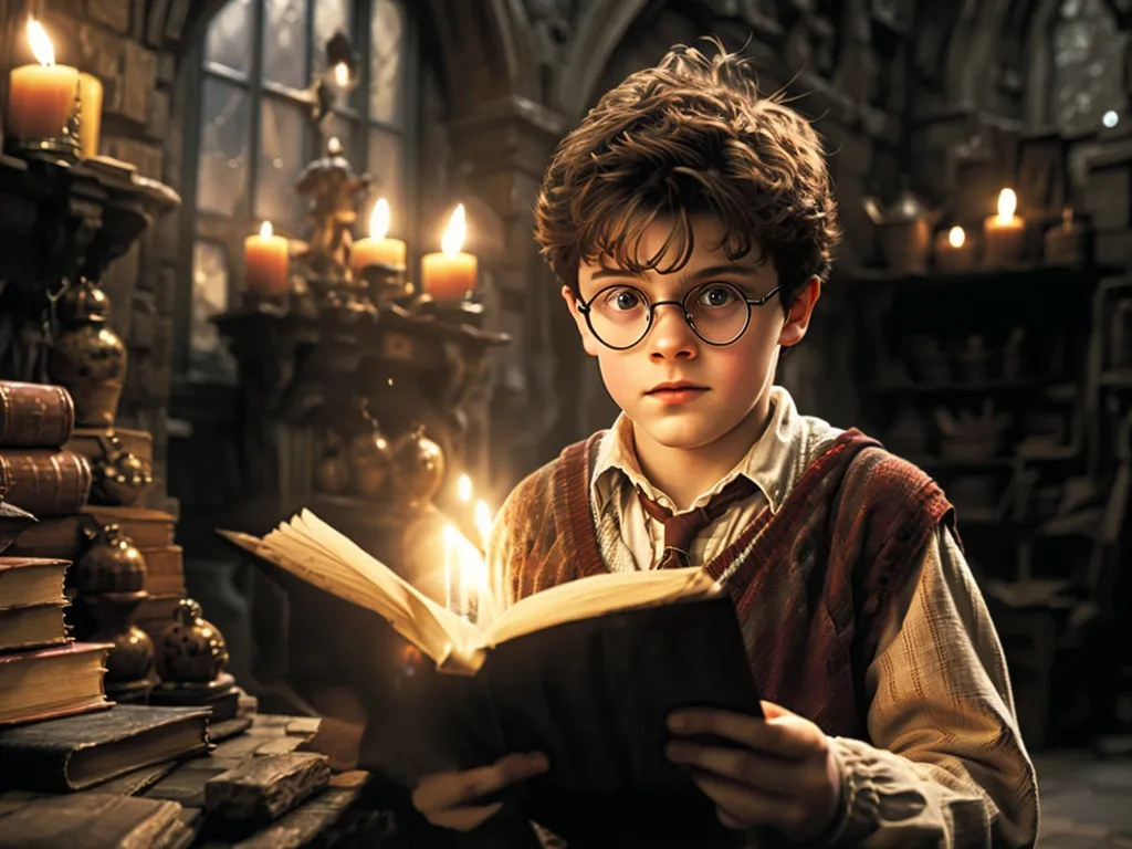 A young boy, Harry Potter, is reading a book in a dimly lit room. He is wearing glasses and a Hogwarts uniform. The room is filled with books and candles. Harry Potter is a fictional character in a series of fantasy novels written by British author J. K. Rowling. The novels chronicle Harry's adventures as a young wizard at Hogwarts School of Witchcraft and Wizardry.