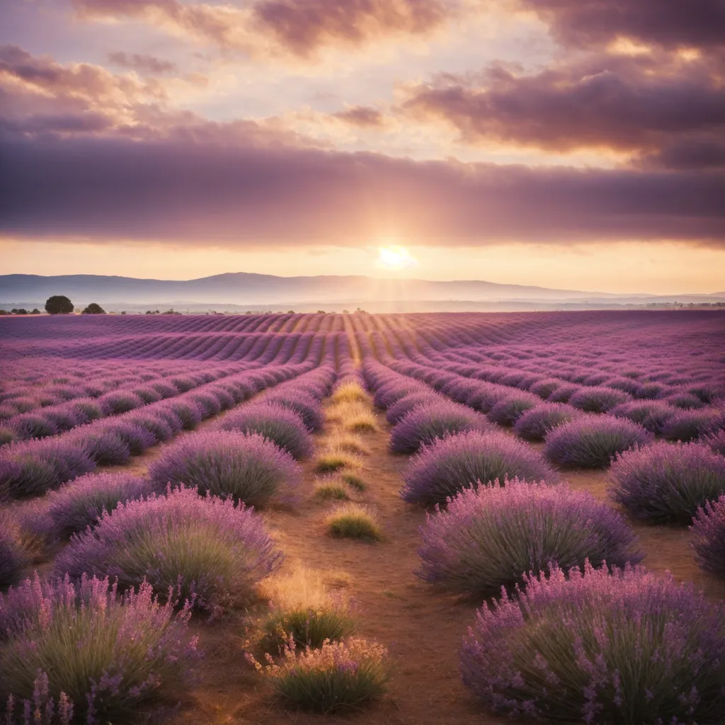 The image is of a lavender field in Provence, France. The lavender is in full bloom and the sun is setting behind it. The sky is a deep purple and the lavender is a light purple. The field is divided into rows by small paths. There is a sense of peace and tranquility in the image.