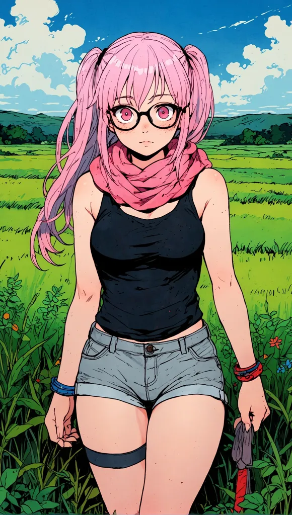 A beautiful anime girl with pink hair and glasses is standing in a field of flowers. She is wearing a black tank top and jean shorts. She has a pink scarf around her neck and is carrying a bag over her shoulder. The background is a rolling green hill with a blue sky and white clouds.