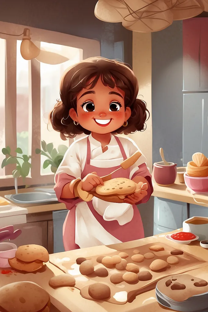 This is a picture of a young girl cooking in a kitchen. She has brown hair, brown eyes, and is wearing a white chef's coat and a pink apron. She is smiling and holding a large sandwich. There are ingredients and cooking utensils on the counter. The background is a kitchen with a window, a sink, and a stove. The overall tone of the picture is happy and cheerful.