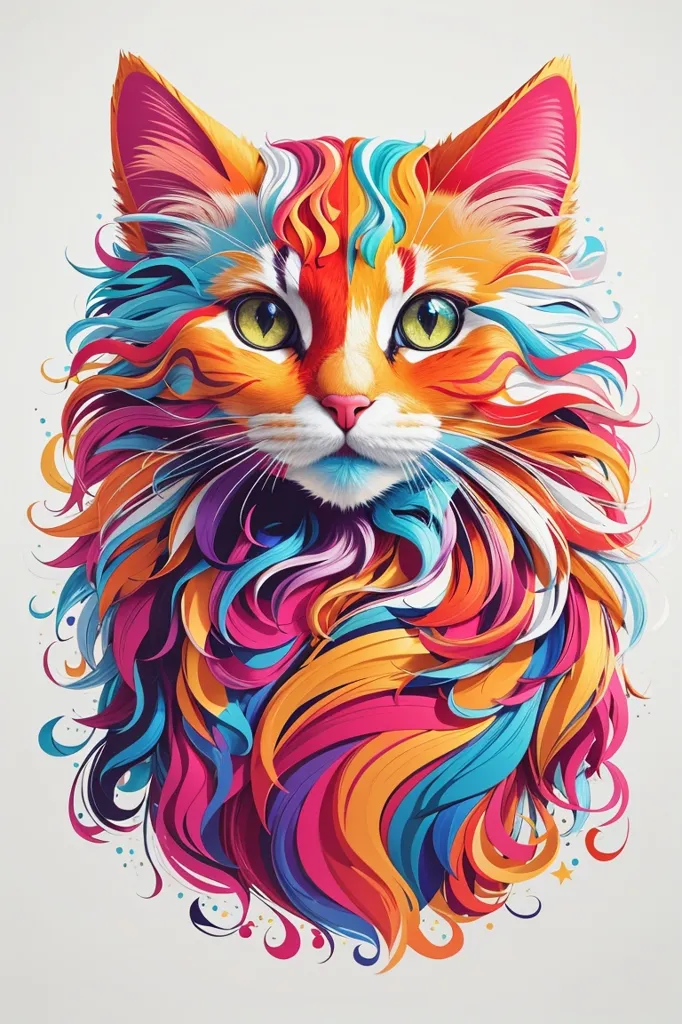 This is a digital painting of a cat. The cat has long, flowing hair that is a rainbow of colors, including red, orange, yellow, green, blue, and purple. The cat's eyes are a deep green color, and its nose is pink. The cat is looking at the viewer with a curious expression. The painting is done in a realistic style, and the cat's fur is particularly well-rendered. The painting is also very colorful, and the use of bright, vibrant colors gives the cat a sense of personality.