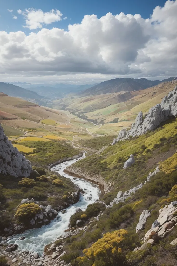 The image shows a beautiful mountain landscape with a river running through the middle. The sky is blue and cloudy, and the sun is shining brightly. The mountains are covered in lush green vegetation, and the river is a clear blue. There are some rocks and boulders in the river, and the banks are lined with trees and shrubs. The image is very peaceful and serene, and it captures the beauty of nature.