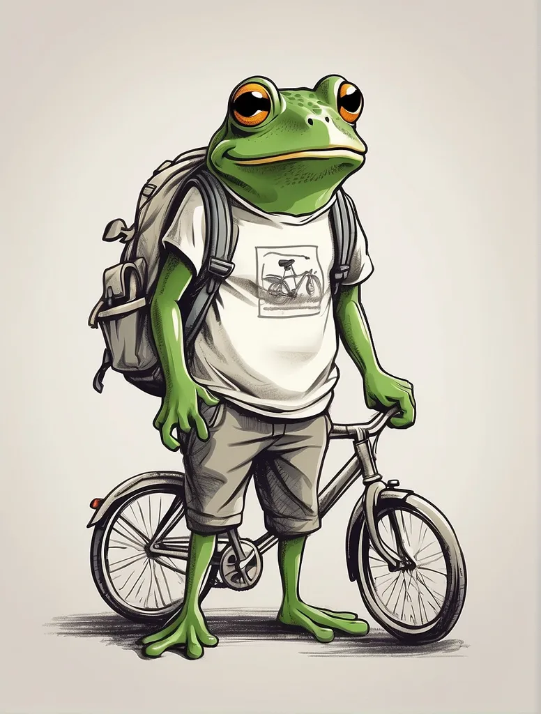 A green frog wearing a white t-shirt, gray shorts, and a backpack is standing next to a black bicycle. The frog has a friendly expression on its face and is looking at the viewer. The illustration is done in a realistic style and the colors are vibrant and lifelike.