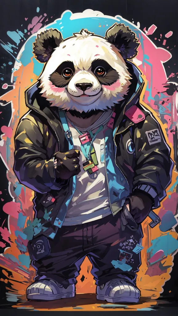 A graffiti-covered wall serves as the backdrop for a stylish panda. It's dressed to impress in a black jacket, white shirt, and blue pants. The panda is rocking a pair of fresh sneakers and a gold chain and has a confident expression on its face. The image is a unique blend of urban street art and cute animal illustration.