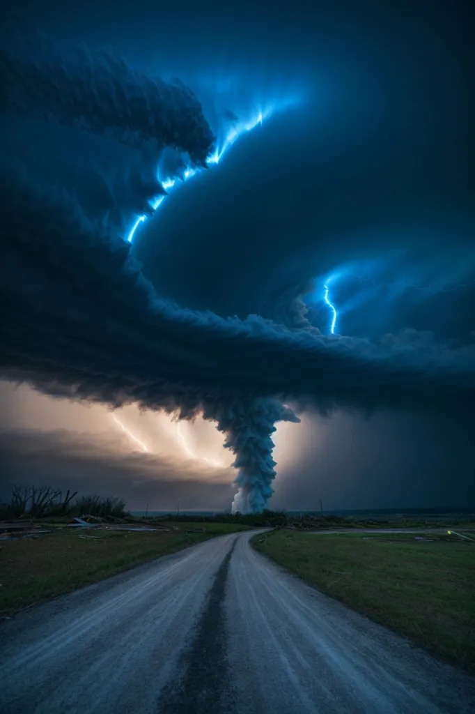 The image shows a large tornado. The tornado is lit up by lightning. The sky is dark and stormy. The tornado is surrounded by a funnel cloud. The funnel cloud is made up of dust and debris. The tornado is very powerful and is causing damage to the area.