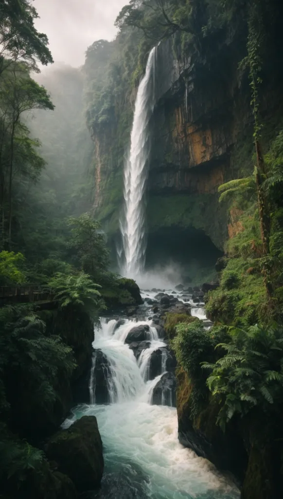 The waterfall is cascading down from a tall cliff into a pool of water, with a small river flowing out of the pool. The waterfall is surrounded by a lush green jungle with bright, vibrant green vegetation. The air is misty and there is a soft light shining through the trees. The waterfall is a stunning sight, and the sound of the water crashing down is both powerful and peaceful.