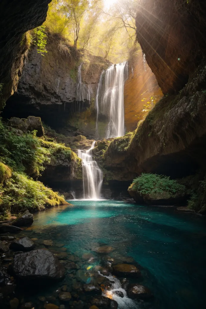 In the heart of the forest, a majestic waterfall cascades down a rocky cliff, creating a mesmerizing natural spectacle. The water's powerful descent creates a thunderous roar, echoing through the tranquil surroundings. The waterfall's crystal-clear water sparkles in the sunlight, reflecting the vibrant colors of the lush foliage that envelops it. The plunge pool below churns and bubbles, its surface agitated by the waterfall's relentless force. A sense of awe-inspiring beauty emanates from this hidden gem, a testament to the raw power and untamed beauty of nature.