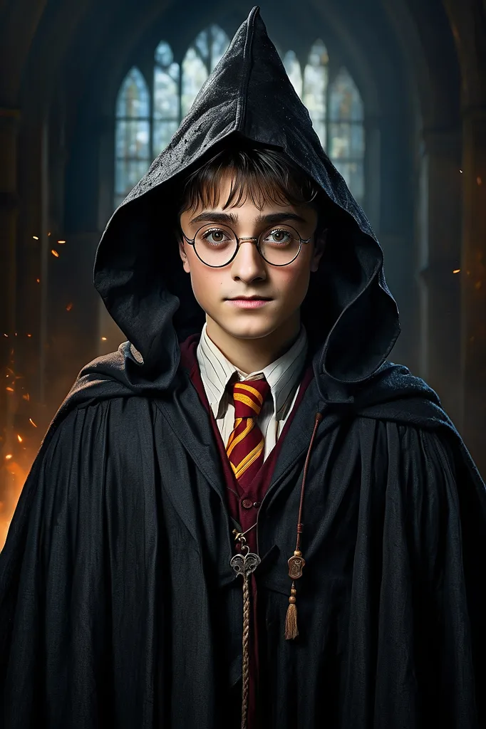 This is a picture of Harry Potter, a fictional character from the Harry Potter series of fantasy novels written by J. K. Rowling. Harry is a young wizard who attends Hogwarts School of Witchcraft and Wizardry. He is known for his bravery and determination, as well as his ability to overcome great obstacles. In this picture, Harry is wearing his Hogwarts uniform, which consists of a black robe and a red and gold tie. He is also wearing glasses and a wand.